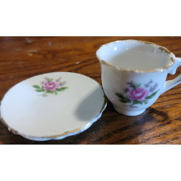 Made In Japan Porcelain Vintage Mini Tea Cup Saucer Set Rose Design Gold Trim - Picture 2 of 5